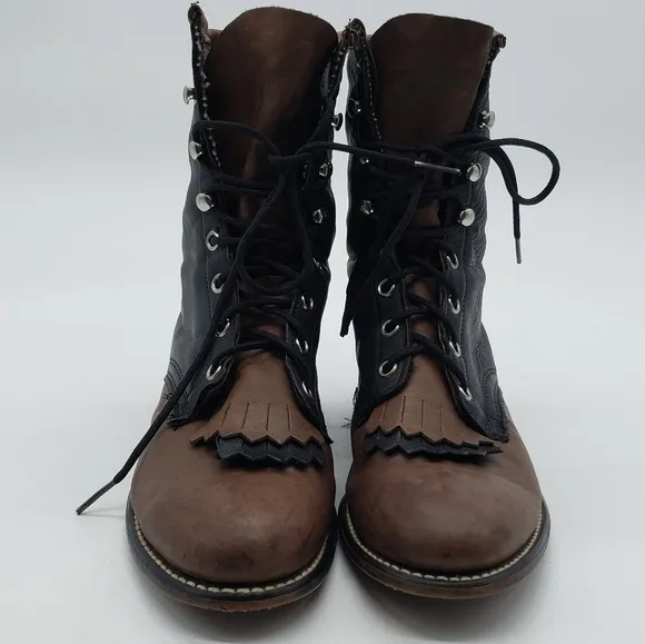 VINTAGE Unbranded women US 7 black brown boots Kiltie leather 8 eyelet lace up