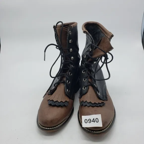 VINTAGE Unbranded women US 7 black brown boots Kiltie leather 8 eyelet lace up