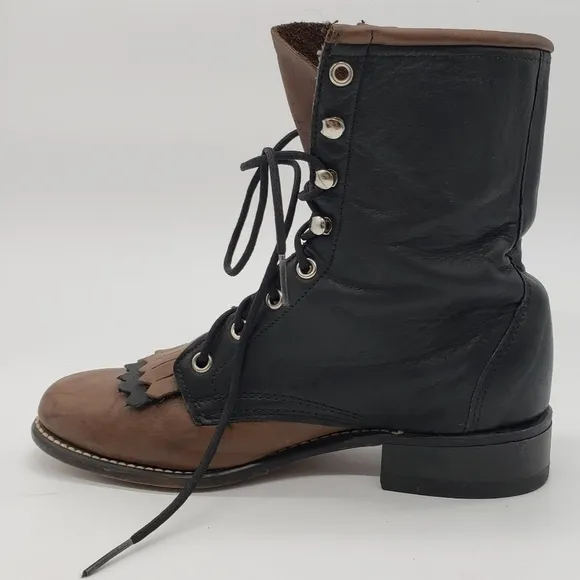 VINTAGE Unbranded women US 7 black brown boots Kiltie leather 8 eyelet lace up