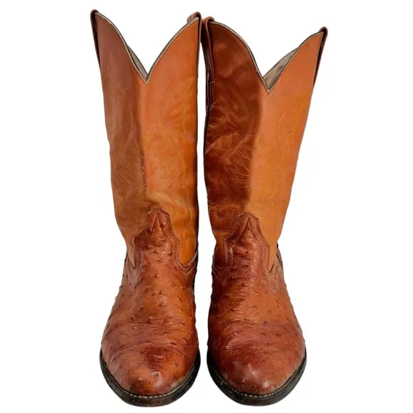 Vintage VAQUERO Ostrich Print Boots Pointed Toe Cognac Size 7.5 men 9.5 women
