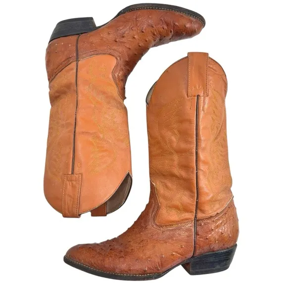 Vintage VAQUERO Ostrich Print Boots Pointed Toe Cognac Size 7.5 men 9.5 women