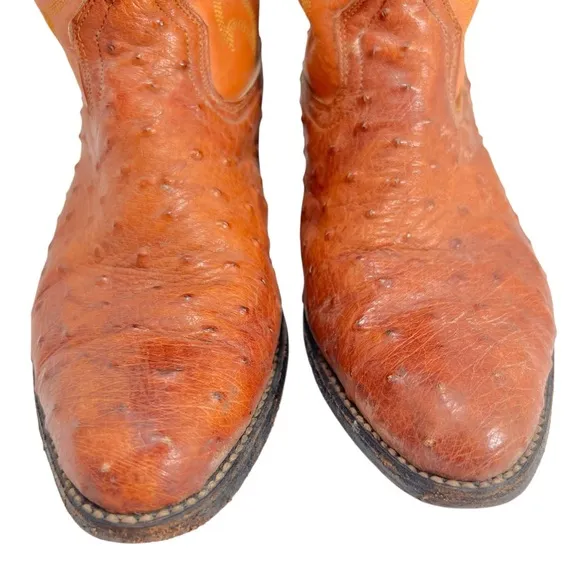 Vintage VAQUERO Ostrich Print Boots Pointed Toe Cognac Size 7.5 men 9.5 women