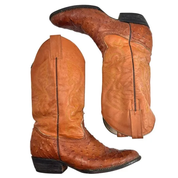 Vintage VAQUERO Ostrich Print Boots Pointed Toe Cognac Size 7.5 men 9.5 women