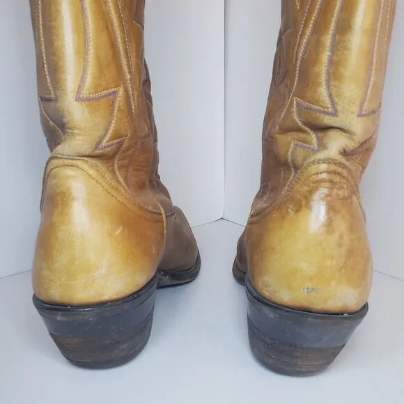 Vintage Western W 9 M 7.5 Cowboy Boots Mid Calf Tan Blue Stitching Southwest