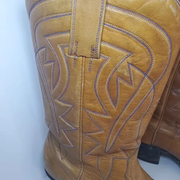 Vintage Western W 9 M 7.5 Cowboy Boots Mid Calf Tan Blue Stitching Southwest