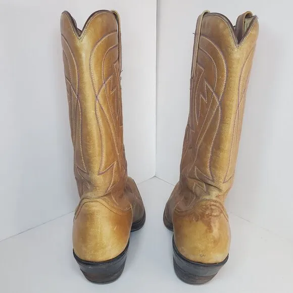 Vintage Western W 9 M 7.5 Cowboy Boots Mid Calf Tan Blue Stitching Southwest