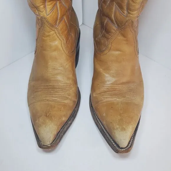 Vintage Western W 9 M 7.5 Cowboy Boots Mid Calf Tan Blue Stitching Southwest