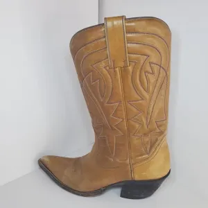 Vintage Western W 9 M 7.5 Cowboy Boots Mid Calf Tan Blue Stitching Southwest