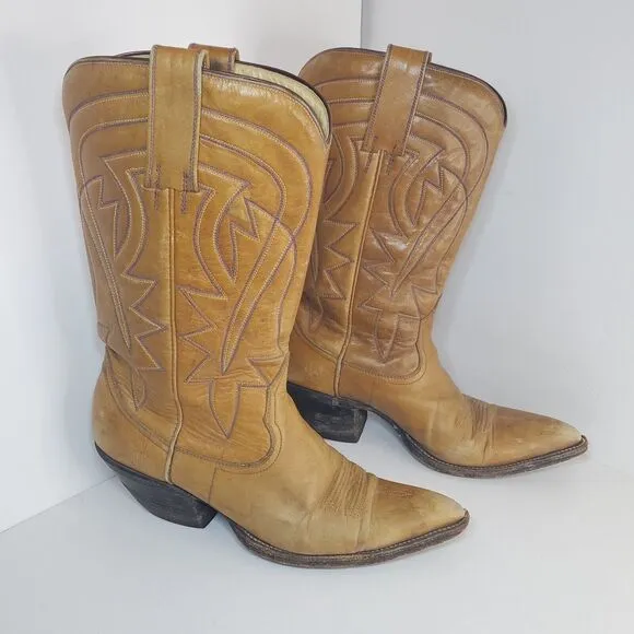 Vintage Western W 9 M 7.5 Cowboy Boots Mid Calf Tan Blue Stitching Southwest