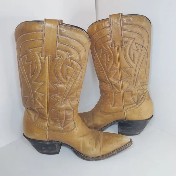 Vintage Western W 9 M 7.5 Cowboy Boots Mid Calf Tan Blue Stitching Southwest