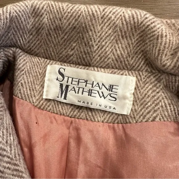 VINTAGE WOOL HERRINGBONE LONG COAT OVERCOAT WINTER JACKET FALL TAN BEIGE LARGE