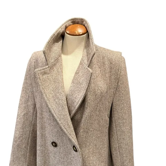 VINTAGE WOOL HERRINGBONE LONG COAT OVERCOAT WINTER JACKET FALL TAN BEIGE LARGE