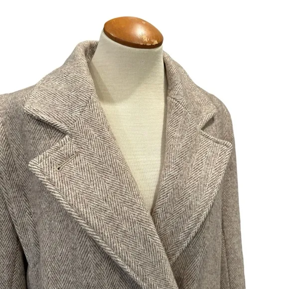 VINTAGE WOOL HERRINGBONE LONG COAT OVERCOAT WINTER JACKET FALL TAN BEIGE LARGE