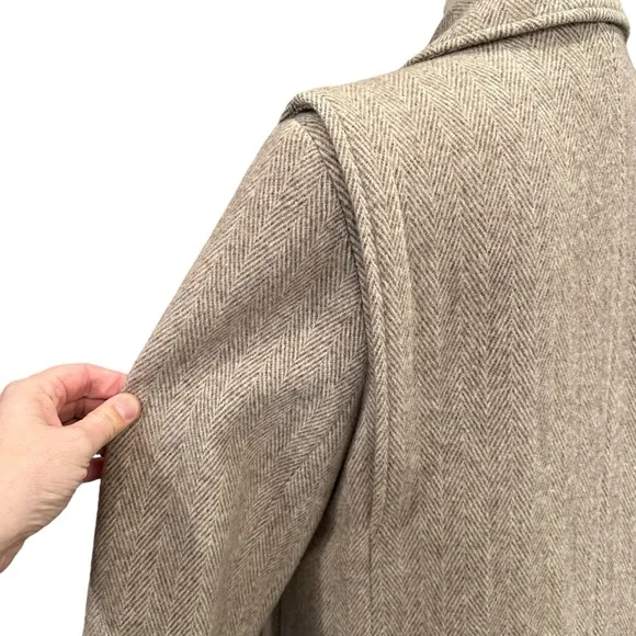 VINTAGE WOOL HERRINGBONE LONG COAT OVERCOAT WINTER JACKET FALL TAN BEIGE LARGE