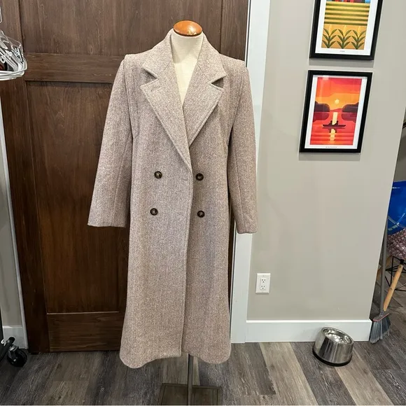 VINTAGE WOOL HERRINGBONE LONG COAT OVERCOAT WINTER JACKET FALL TAN BEIGE LARGE