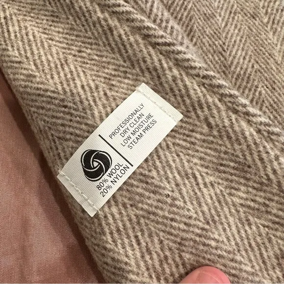 VINTAGE WOOL HERRINGBONE LONG COAT OVERCOAT WINTER JACKET FALL TAN BEIGE LARGE