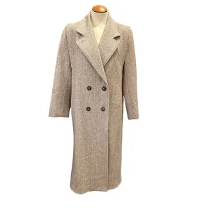 VINTAGE WOOL HERRINGBONE LONG COAT OVERCOAT WINTER JACKET FALL TAN BEIGE LARGE