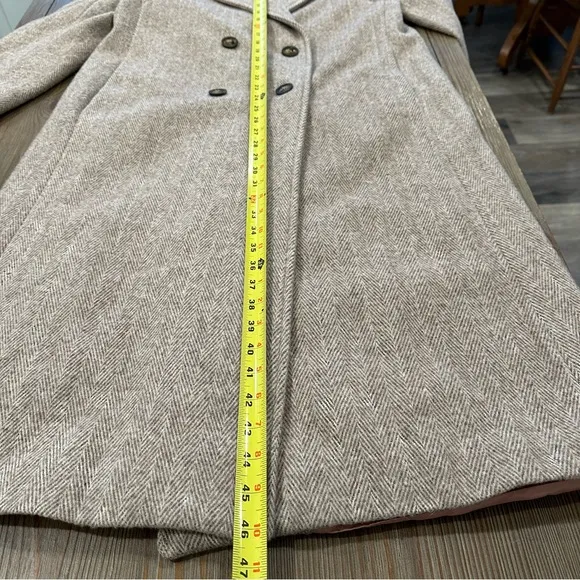 VINTAGE WOOL HERRINGBONE LONG COAT OVERCOAT WINTER JACKET FALL TAN BEIGE LARGE