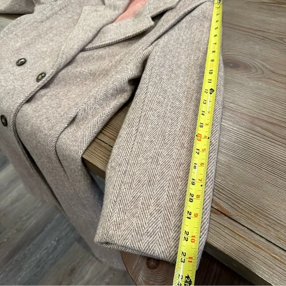 VINTAGE WOOL HERRINGBONE LONG COAT OVERCOAT WINTER JACKET FALL TAN BEIGE LARGE