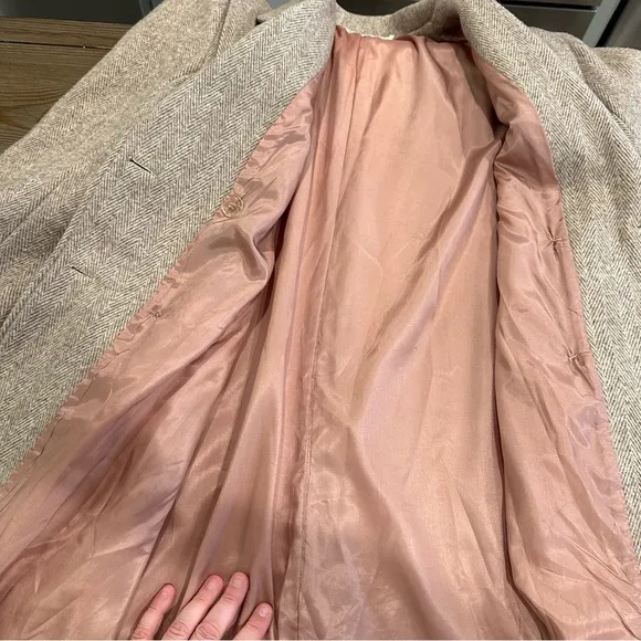 VINTAGE WOOL HERRINGBONE LONG COAT OVERCOAT WINTER JACKET FALL TAN BEIGE LARGE
