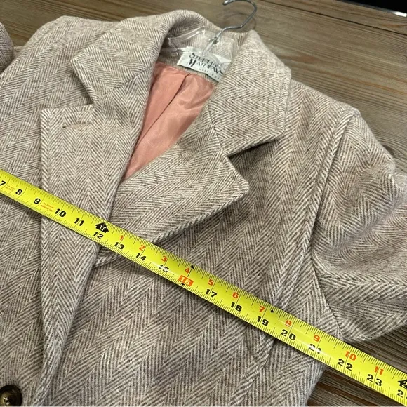 VINTAGE WOOL HERRINGBONE LONG COAT OVERCOAT WINTER JACKET FALL TAN BEIGE LARGE