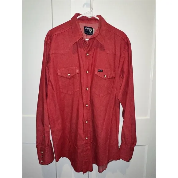 Vintage Wrangler X-Long Tails Shirt Red Sz 17 1/2 X 35 Brushpopper Cowboy EUC