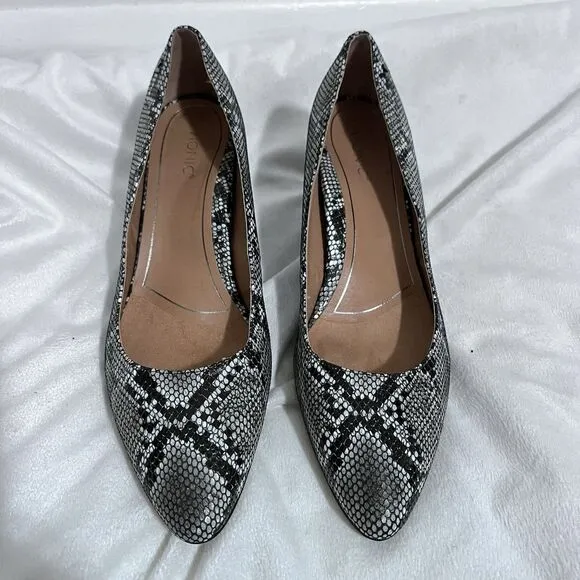 Vionic Mia Snake Print Block Pump Heels Size 11 Black White Leather Shoes Work