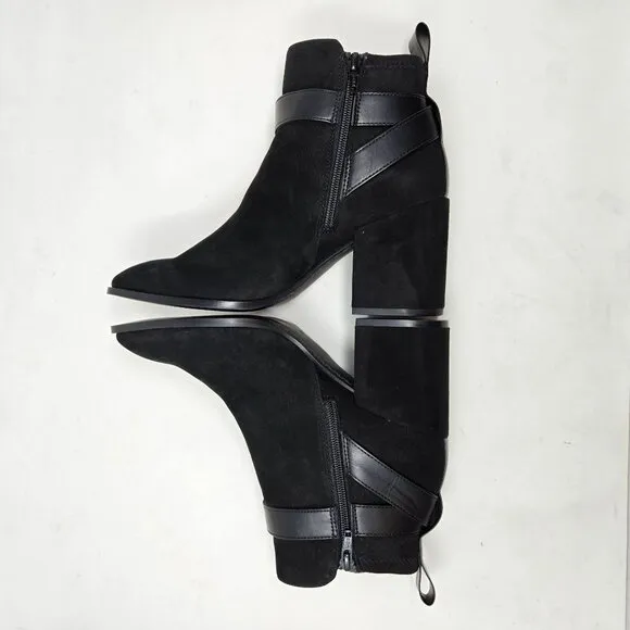 Vionic Tenley Bootie 8.5 Black Suede Ankle Boots Gold Buckle Block Heel