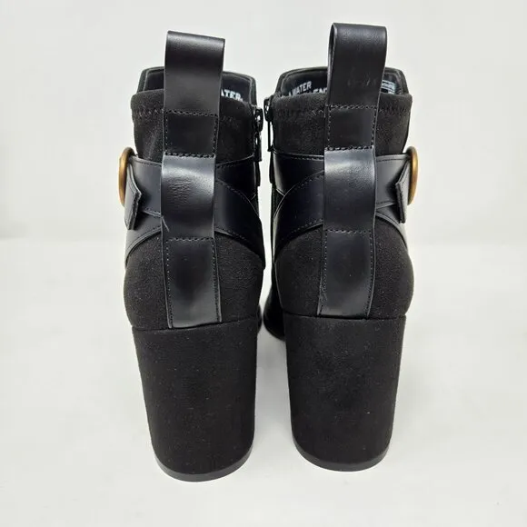 Vionic Tenley Bootie 8.5 Black Suede Ankle Boots Gold Buckle Block Heel