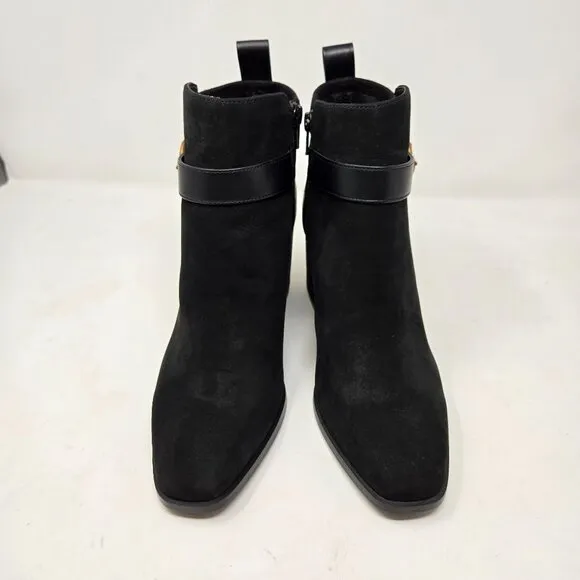 Vionic Tenley Bootie 8.5 Black Suede Ankle Boots Gold Buckle Block Heel