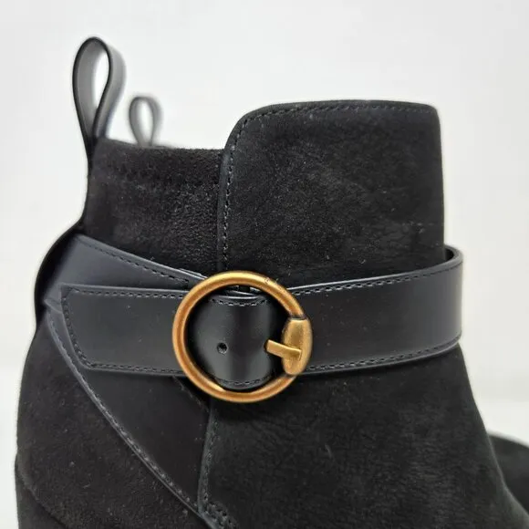 Vionic Tenley Bootie 8.5 Black Suede Ankle Boots Gold Buckle Block Heel