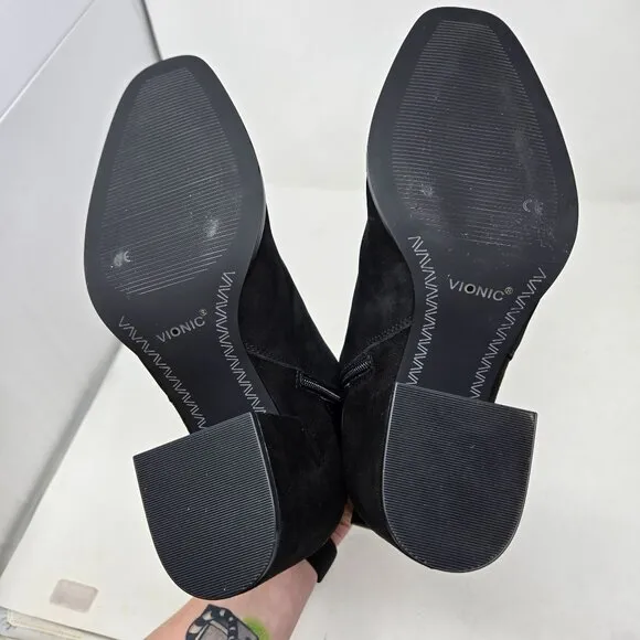 Vionic Tenley Bootie 8.5 Black Suede Ankle Boots Gold Buckle Block Heel