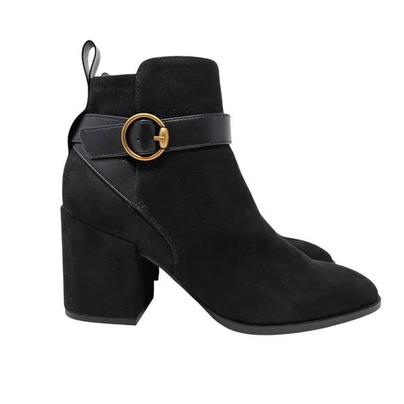 Vionic Tenley Bootie 8.5 Black Suede Ankle Boots Gold Buckle Block Heel