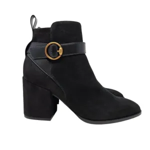 Vionic Tenley Bootie 8.5 Black Suede Ankle Boots Gold Buckle Block Heel