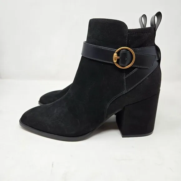 Vionic Tenley Bootie 8.5 Black Suede Ankle Boots Gold Buckle Block Heel