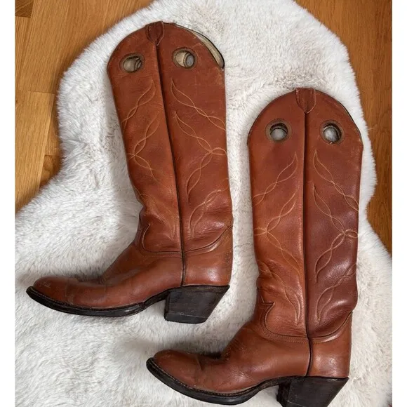 Vitg. TONY LAMA Cowboy Boots Women 7 Buckaroo Tall Saddle Tan Leather Western