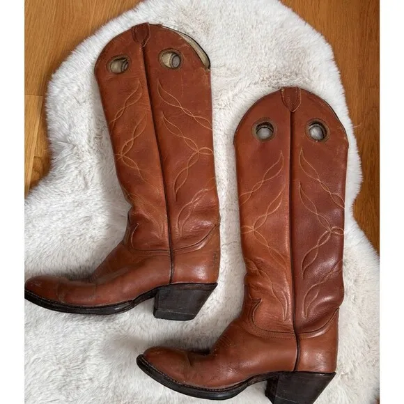 Vitg. TONY LAMA Cowboy Boots Women 7 Buckaroo Tall Saddle Tan Leather Western