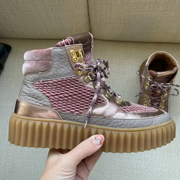 Voile Blanche Eva Shearling, Embossed Velvet &amp; Leather Hiking Boots EU 36