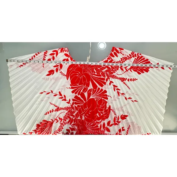 VTG 70s Womens One Size Red Hawaiian Palm Kaftan Pleated Floral Accordion Muumuu