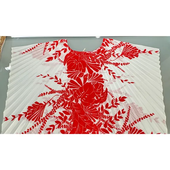 VTG 70s Womens One Size Red Hawaiian Palm Kaftan Pleated Floral Accordion Muumuu