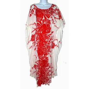 VTG 70s Womens One Size Red Hawaiian Palm Kaftan Pleated Floral Accordion Muumuu