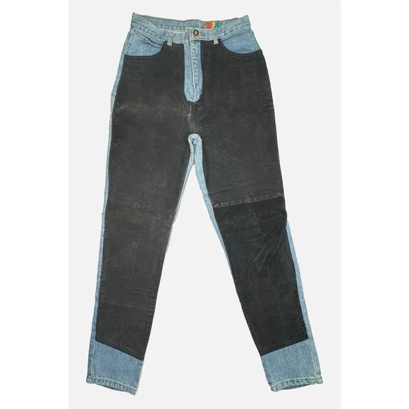 VTG 80s Don't Stop Jeans Womens Sz 11/12 Light Blue Black Leather Chaps Tapered
