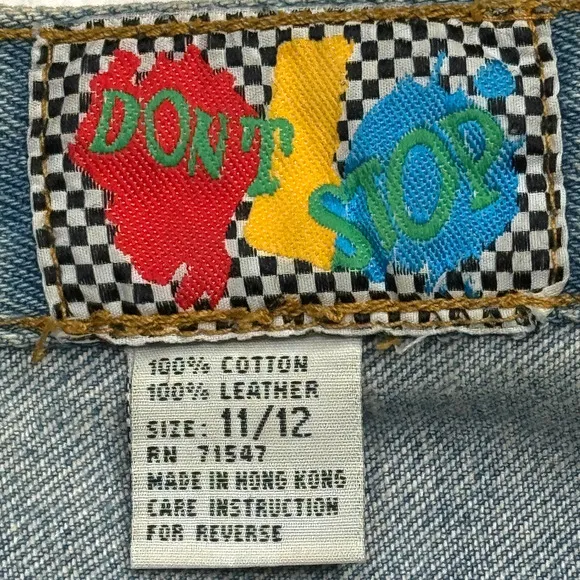 VTG 80s Don't Stop Jeans Womens Sz 11/12 Light Blue Black Leather Chaps Tapered
