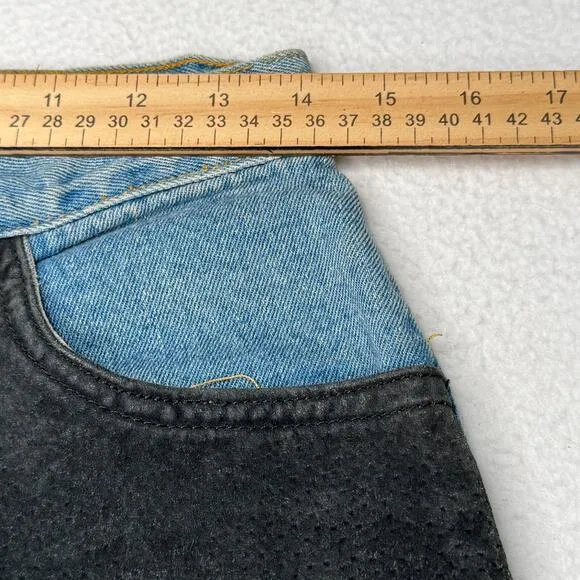 VTG 80s Don't Stop Jeans Womens Sz 11/12 Light Blue Black Leather Chaps Tapered