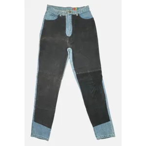 VTG 80s Don't Stop Jeans Womens Sz 11/12 Light Blue Black Leather Chaps Tapered