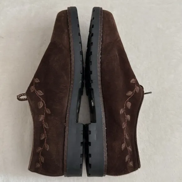 {VTG} Alp Traum | Italian Embroidered Leaf Vine Suede Leather Loafers Brown 41.5