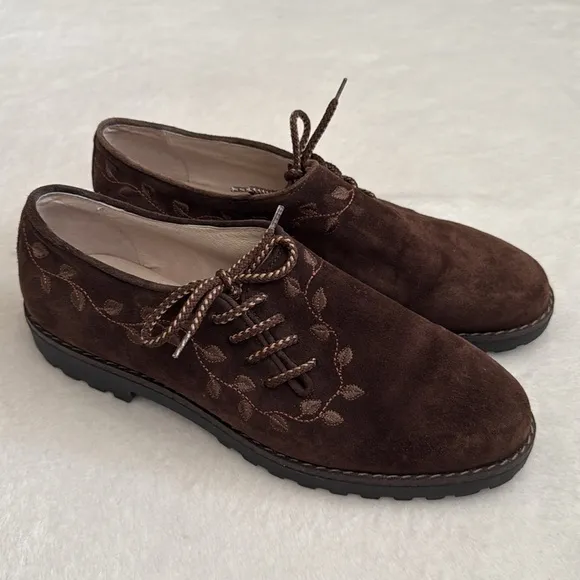 {VTG} Alp Traum | Italian Embroidered Leaf Vine Suede Leather Loafers Brown 41.5