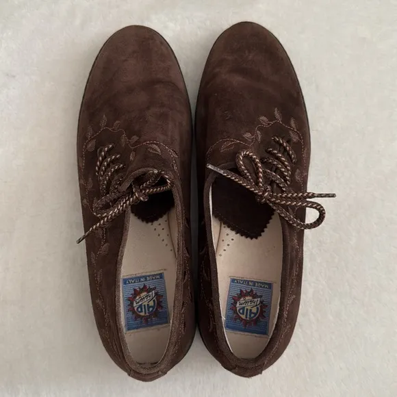 {VTG} Alp Traum | Italian Embroidered Leaf Vine Suede Leather Loafers Brown 41.5