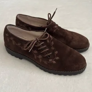 {VTG} Alp Traum | Italian Embroidered Leaf Vine Suede Leather Loafers Brown 41.5