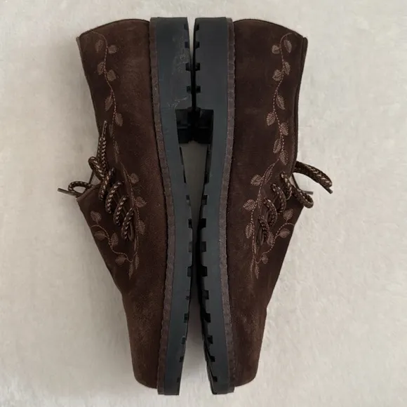 {VTG} Alp Traum | Italian Embroidered Leaf Vine Suede Leather Loafers Brown 41.5